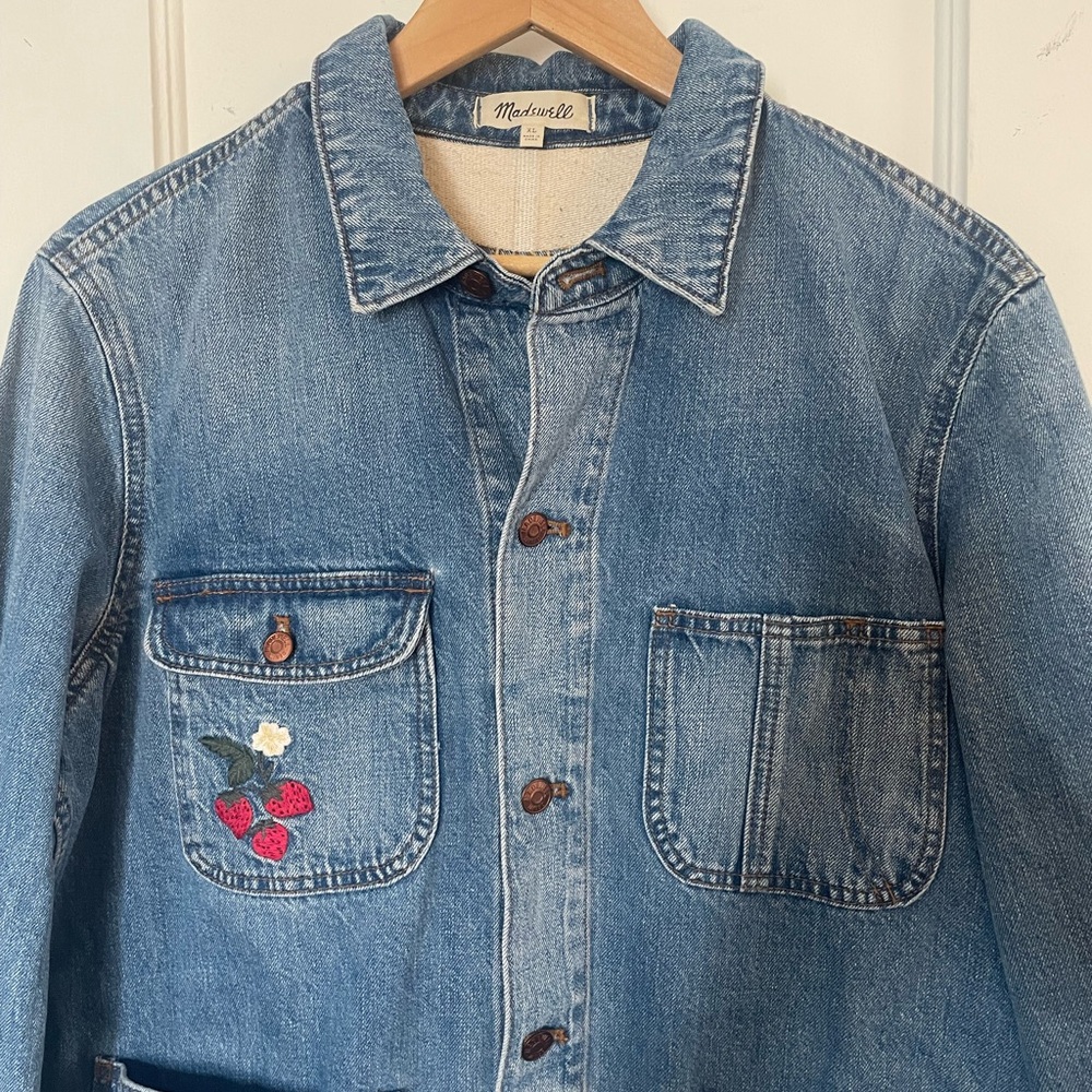 Madewell Blue Denim Jacket with Embroidered strawberries and sun. - Picture 2 of 8